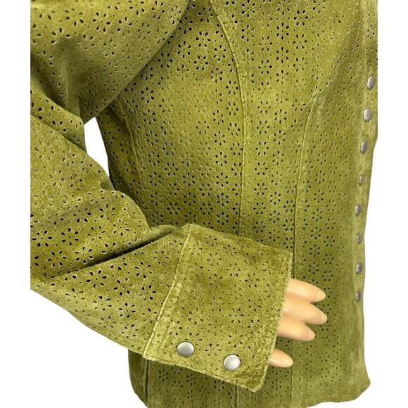 Aria 100% Leather Jacket Eyelet Moss Green Button Front Long Sleeve Size L - Picture 9 of 10